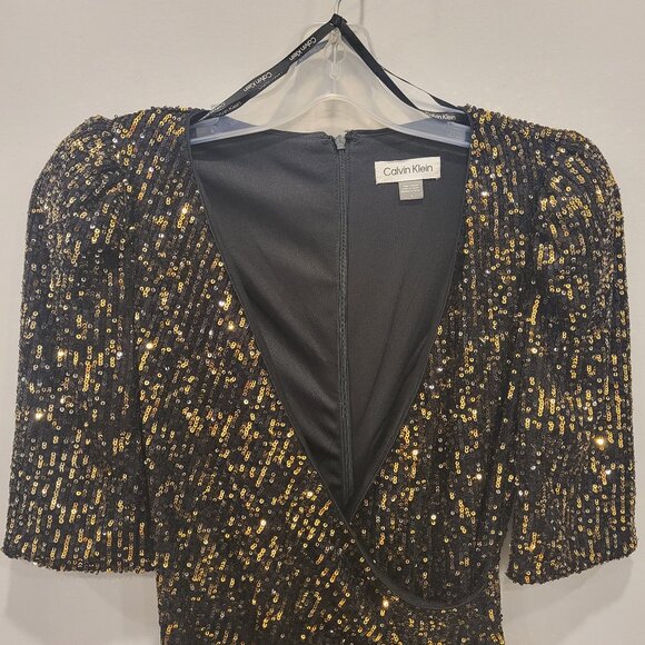 Calvin Klein Wrap Midi Dress Gold Sequense Formal Evening Dress - Picture 2 of 7